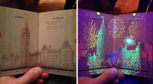 Le passeport canadien révèle des images cachées aux rayons ultraviolets Passeport canadien, lumière noire ultraviolet avant/après