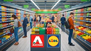 Illustration de la cession des magasins Auchan à Lidl, générée par intelligence artificielle.