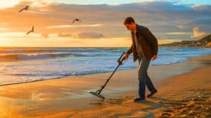 Ce promeneur ordinaire découvre 1 million € sur une plage : l’accès aux plages doit-il être contrôlé ? Illustration de Frédéric Martin explorant la plage du Butin à Honfleur avec un détecteur de métaux à la recherche de trésors historiques.