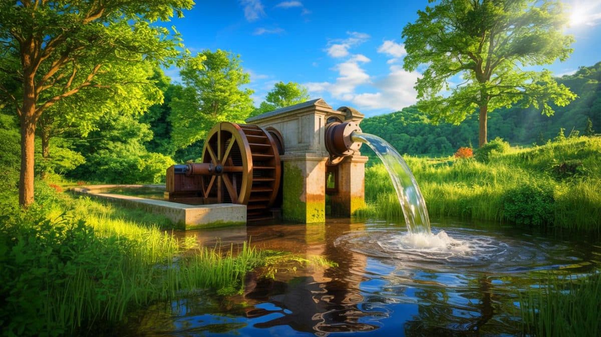 Illustration de l'utilisation du bélier hydraulique pour un pompage écologique et autonome de l'eau.