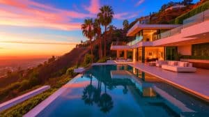 Illustration de la villa de Cyril Hanouna située à Hollywood Hills. Image réalisée par IA.