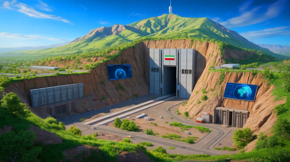 Illustration de sites nucléaires iraniens enfouis sous des montagnes. Image réalisée par IA.