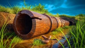 Illustration de la découverte d'une conduite d'eau en bois romaine préservée à Louvain. Image réalisée par IA.