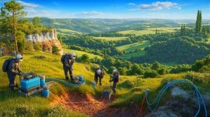 Illustration de l'exploration de gisements d'hydrogène naturel dans le Sud-Ouest de la France. Image réalisée par IA.