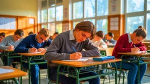 Illustration de lycéens passant l'épreuve de philosophie du baccalauréat 2025, générée par intelligence artificielle.