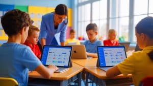 Illustration de l'utilisation des outils numériques pour connaître la classe de son enfant avant la rentrée scolaire.