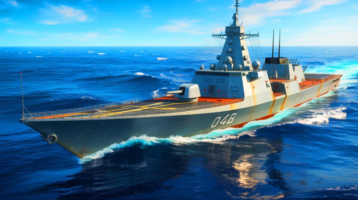 Illustration de la frégate chinoise Type 054B en manœuvre maritime (création par IA, non réaliste). Crédit : Ideogram