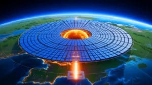 Illustration de la construction d'une centrale solaire spatiale chinoise, générée par intelligence artificielle.