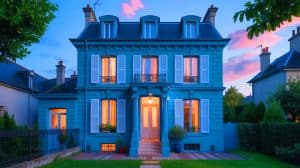 Illustration de la maison bleue de Créteil où Sheila a grandi. Image réalisée par IA.