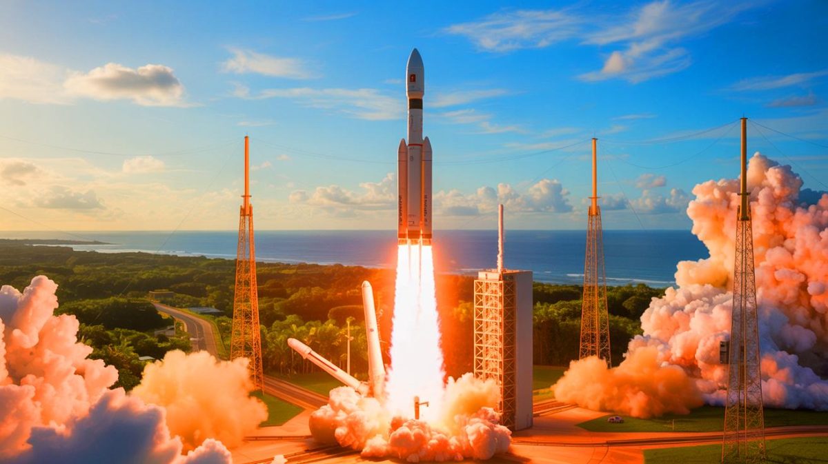 Illustration de la mission commerciale inaugurale d’Ariane 6 avec le satellite CSO-3. Image réalisée par IA.