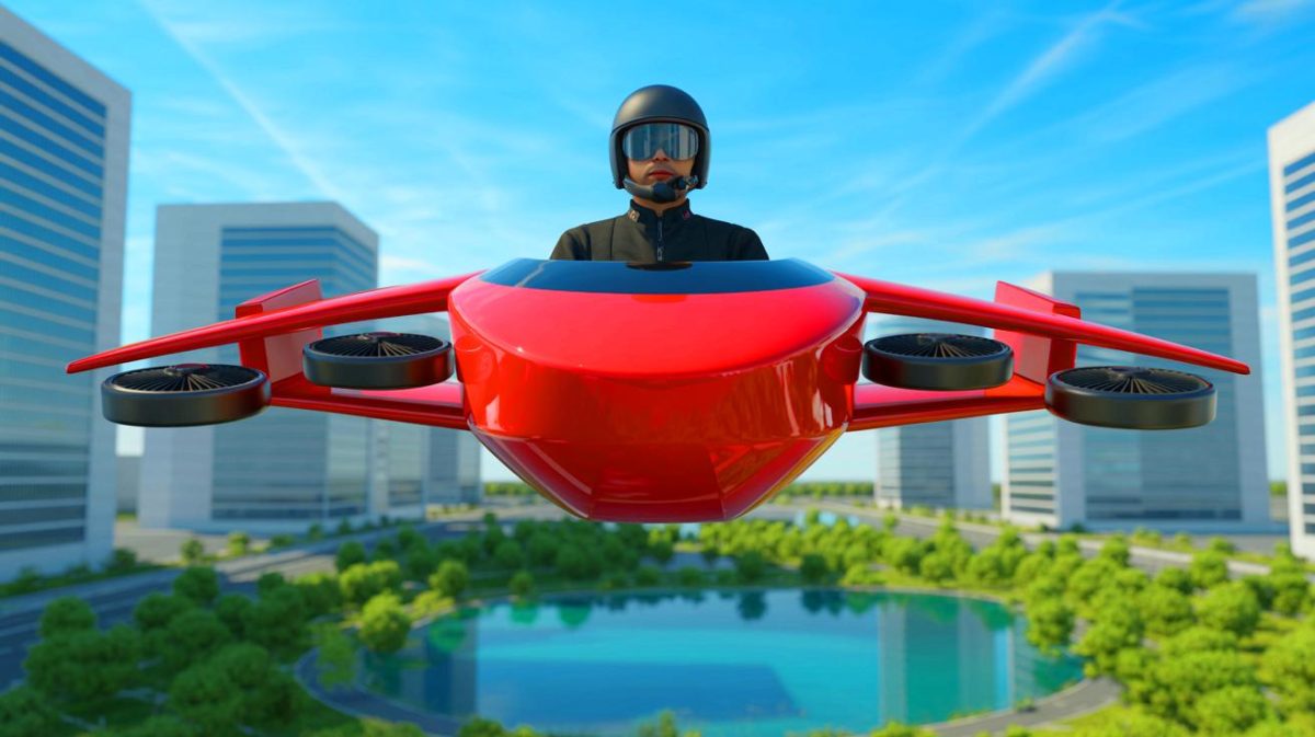 Illustration de la voiture volante de Franky Zapata en plein vol. Image réalisée par IA.