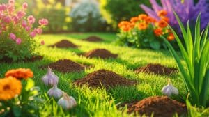 Illustration de méthodes naturelles pour éloigner les taupes du jardin. Image réalisée par IA.