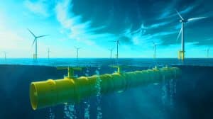 Illustration de la technologie de stockage d'énergie par air comprimé en mer, générée par intelligence artificielle.