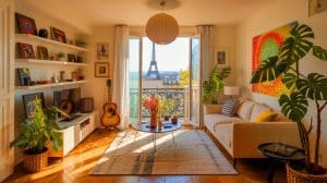 Plongée stupéfiante dans l’appartement secret de Louane, la chanteuse qui représentera la France à l’Eurovision à Paris cette année Illustration de Louane dans son appartement parisien, entourée de ses objets de mode préférés. Image réalisée par IA.