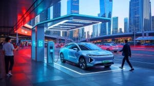 Illustration de stations d'échange de batteries pour véhicules électriques en Chine (création par IA, illustration non réaliste). Crédit : Ideogram.