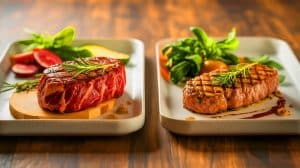 Un face-à-face qui choque les nutritionnistes : steak animal vs steak végétal, la révélation ultime sur le choix le plus sain pour votre corps Illustration de la comparaison entre steaks animaux et végétaux. Image réalisée par IA.