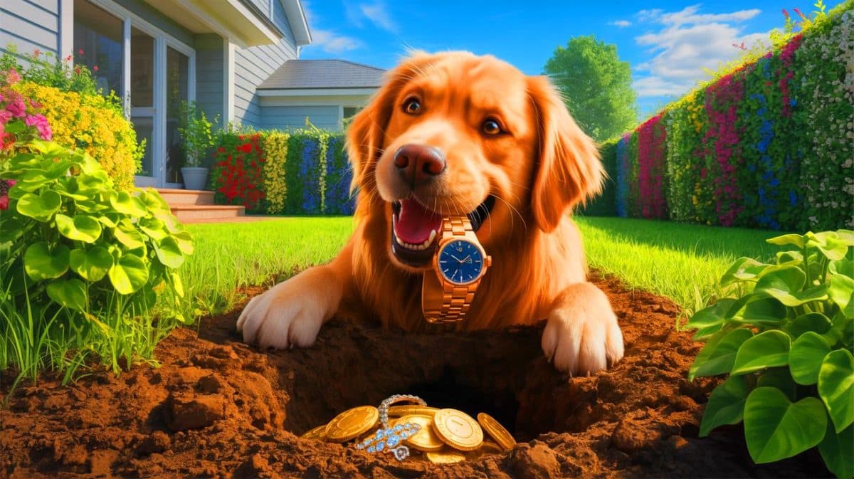 « Mon chien a déterré un butin caché dans le jardin » : cette découverte incroyable attise les fantasmes de trésors oubliés partout en France Illustration de la découverte d'un trésor dans un jardin grâce à un chien renifleur à Bois-Guillaume.