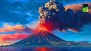 Illustration de l'éruption du volcan Hunga Tonga-Hunga Ha‘apai projetant des ondes de choc dans la thermosphère (création par IA, illustration non réaliste). Crédit : Ideogram.