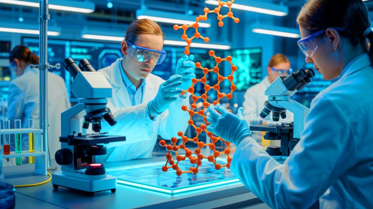 Illustration de l'utilisation de molécules synthétiques pour le stockage de données numériques. Image réalisée par IA.
