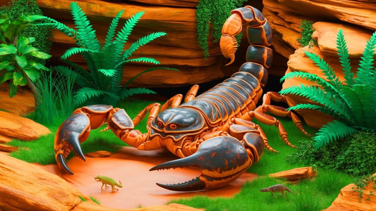 Ce fossile colossal découvert en Chine stupéfie les paléontologues : un scorpion géant datant du Crétacé refait surface Illustration de la découverte d'un scorpion géant de 125 millions d'années en Chine (création par IA, non réaliste). Crédit : Ideogram