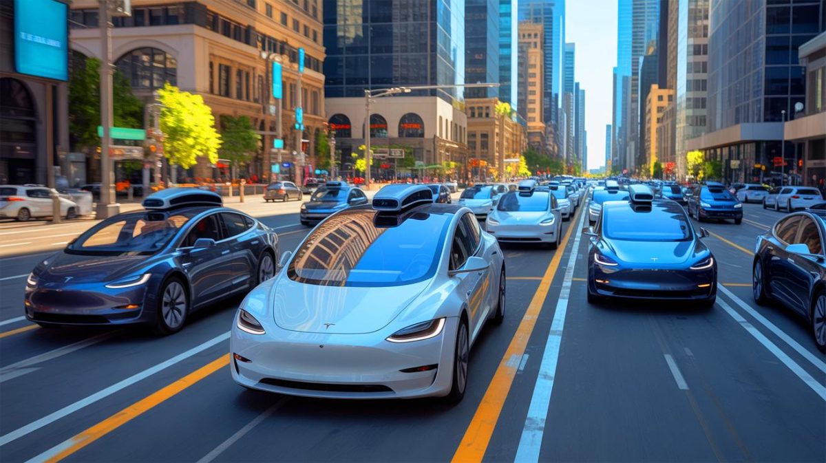 Illustration de taxis autonomes de Tesla en circulation dans une ville futuriste (création par IA, non réaliste). Crédit : Ideogram
