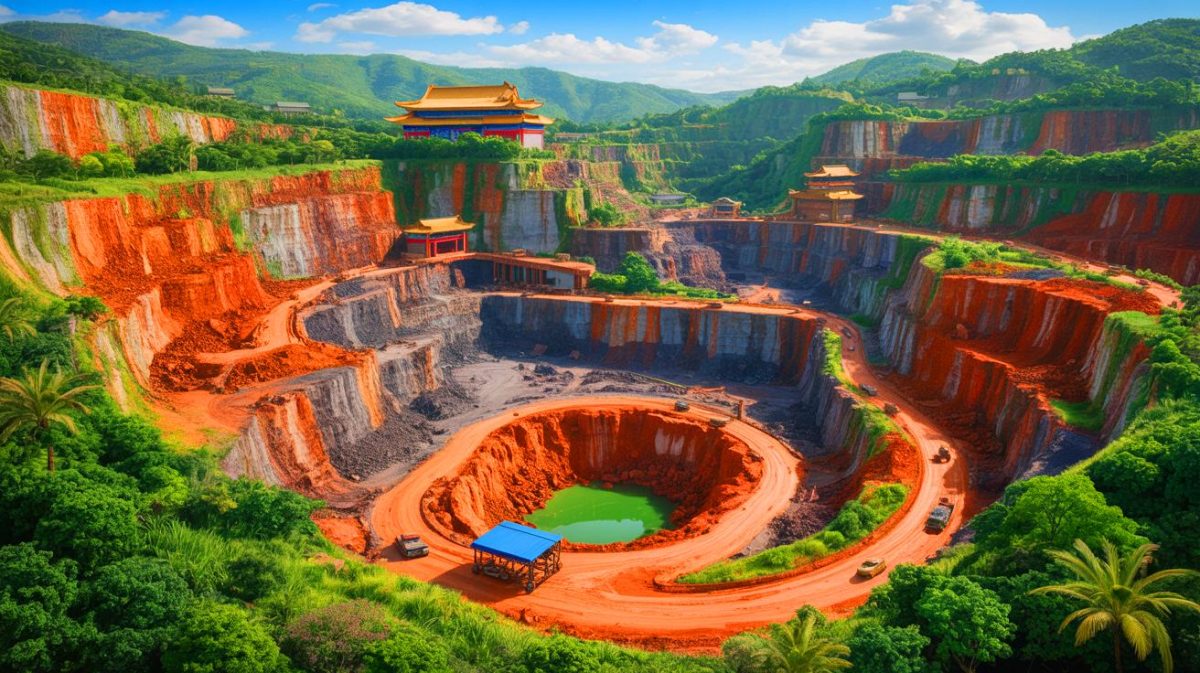 Illustration de la mine de Serra Verde au Brésil et de l'influence chinoise sur les terres rares (création par IA, non réaliste). Crédit : Ideogram