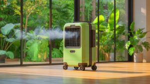 Illustration de l'innovation en matière de climatisation avec un prototype de taille compacte utilisant des réfrigérants solides. Image réalisée par IA.