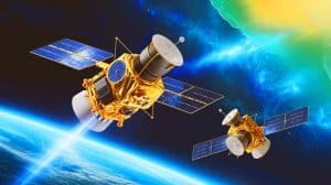 Illustration de deux satellites chinois en orbite, secourus grâce à une manœuvre gravitationnelle audacieuse (création par IA, illustration non réaliste). Crédit : Ideogram.