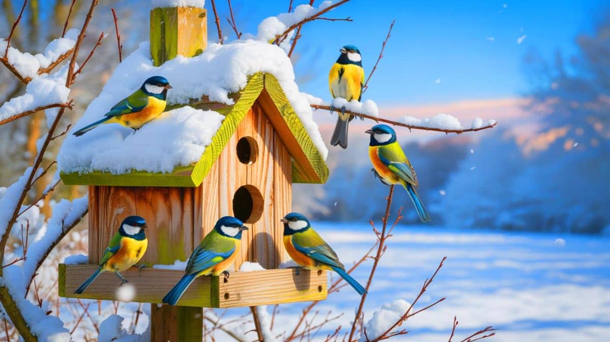 Ce petit détail change tout : le geste facile qui évite l’hécatombe silencieuse des mésanges autour de nos maisons Illustration de mésanges dans un nichoir en bois durant l'hiver (création par IA, non réaliste). Crédit : Ideogram