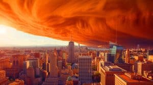 Illustration de la tempête de sable saharien transportant des particules radioactives vers l'Europe. Image réalisée par IA.