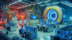 Illustration de la mesure précise de l'anomalie magnétique du muon au Fermilab. Image réalisée par IA.