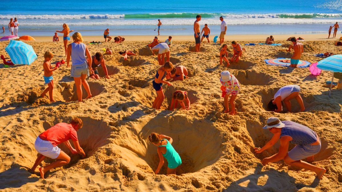 Illustration de personnes creusant des trous dans le sable sur une plage. Image réalisée par IA.