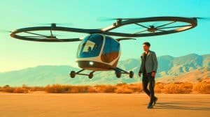 Franky Zapata relance la conquête du ciel : son Air Scooter hybride consomme 10 litres/heure mais vise les États-Unis dès 2025 Illustration de Franky Zapata en vol avec le Air Scooter au-dessus de l'étang de Berre. Image réalisée par IA.