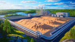 Illustration de la plus grande batterie à sable du monde activée en Finlande. Image réalisée par IA.