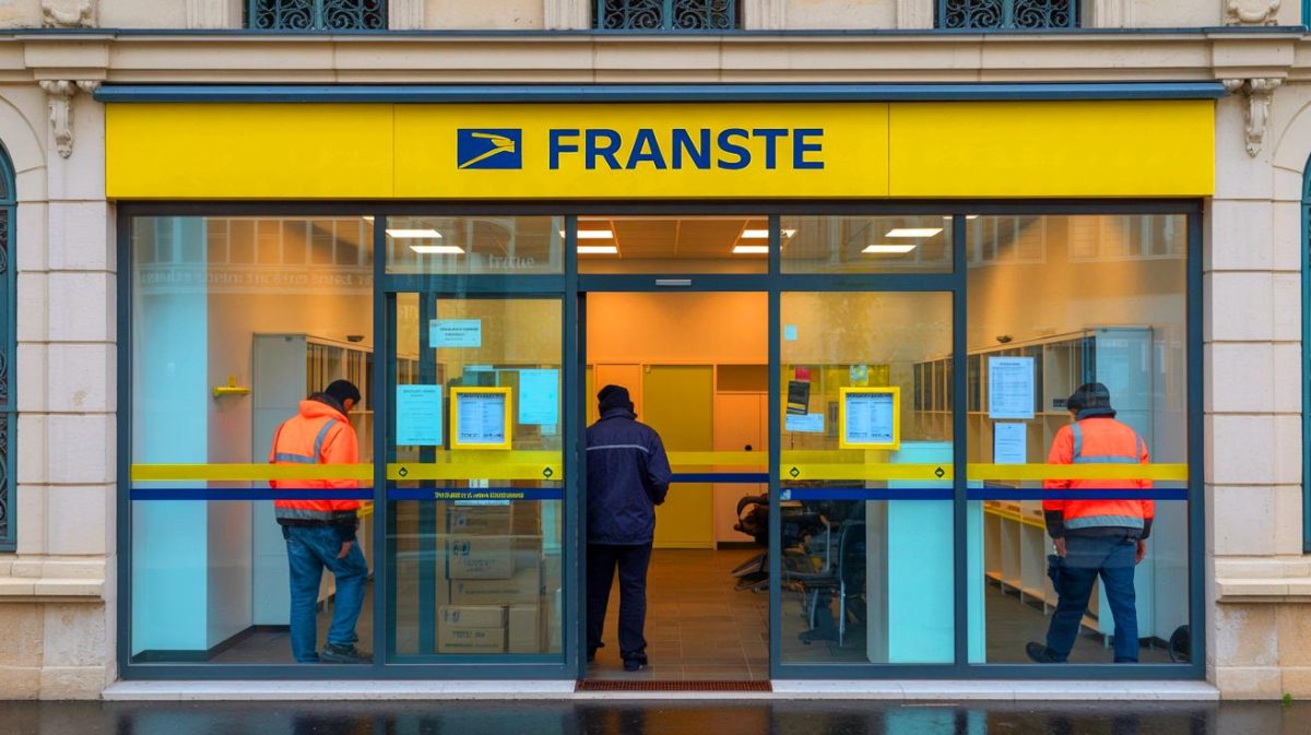 Illustration de la restructuration des agences de La Poste en France. Image réalisée par IA.