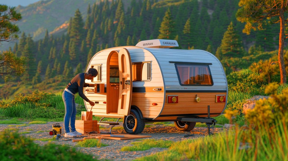 Illustration de la construction d'une mini-caravane The Rambler à partir d'un kit. Image réalisée par IA.