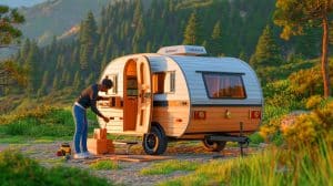 Illustration de la construction d'une mini-caravane The Rambler à partir d'un kit. Image réalisée par IA.