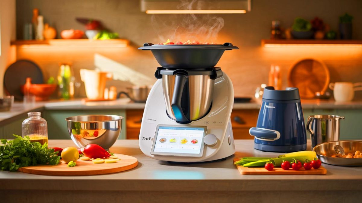 Illustration de l'absence de compatibilité du Découpe-Minute avec le Thermomix TM7. Image réalisée par IA.