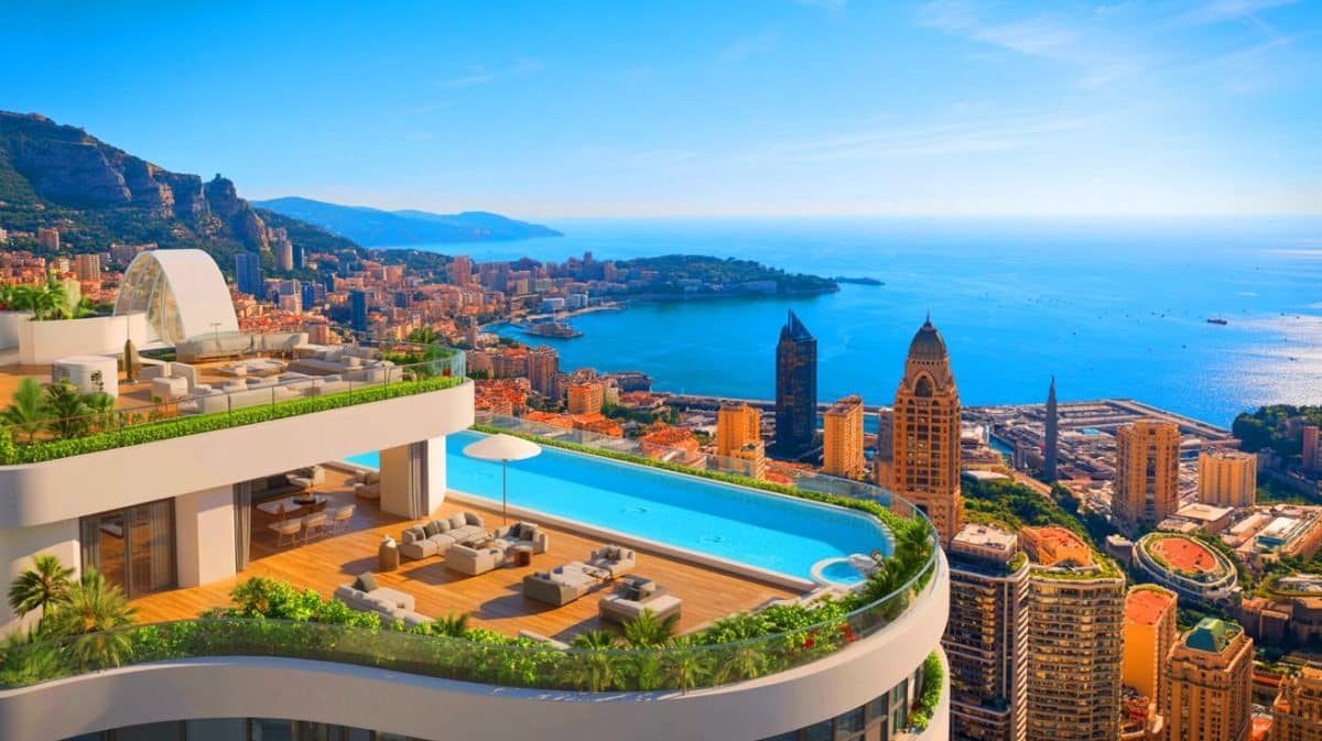 Illustration de la vue panoramique du Sky Penthouse au sommet de la Tour Odéon à Monaco.