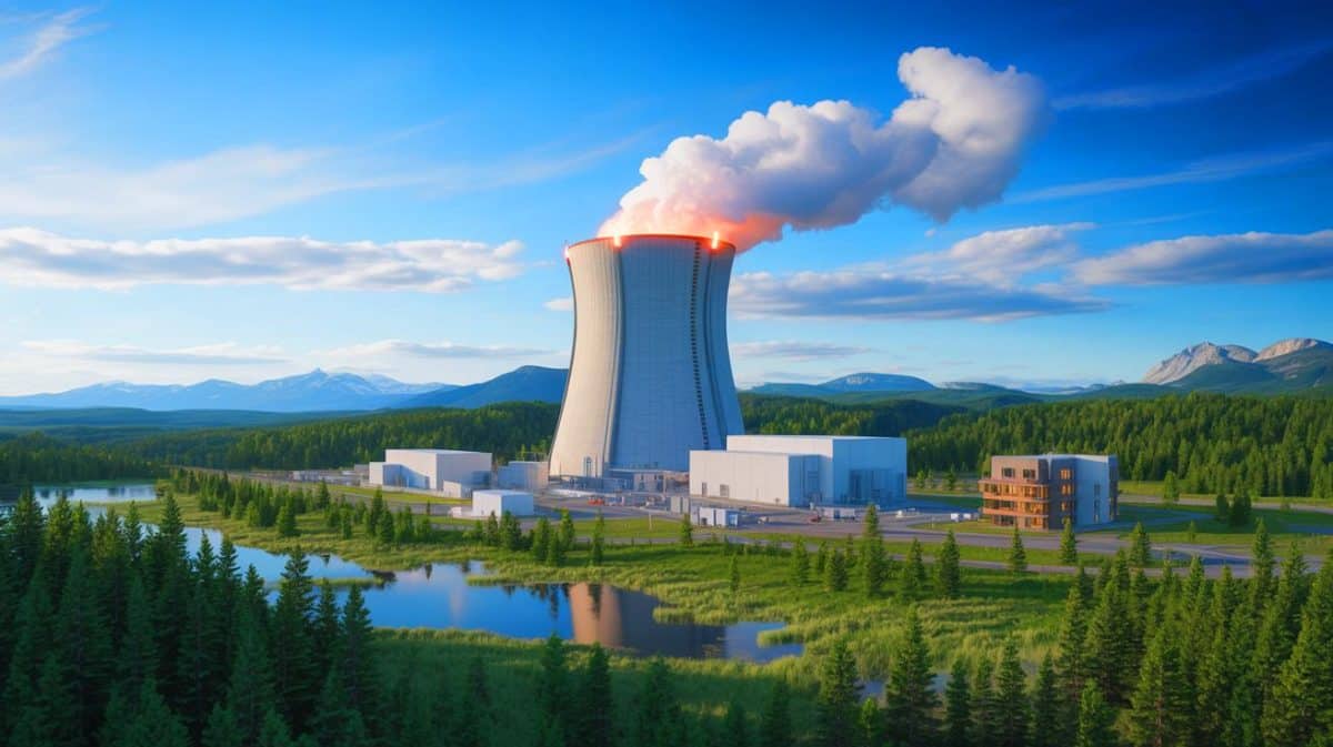 Illustration de la centrale nucléaire de Darlington équipée du réacteur modulaire BWRX-300, générée par intelligence artificielle.