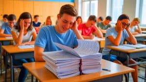 Illustration de l'humour involontaire des élèves dans les copies du baccalauréat 2025, générée par intelligence artificielle.