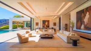 « C’est plus vide qu’un musée » : l’intérieur glacial et ultra-luxueux de la villa de Kim Kardashian à Calabasas fascine les fans Illustration de la villa de Kim Kardashian à Calabasas, reflet de luxe et sécurité. Image réalisée par IA.
