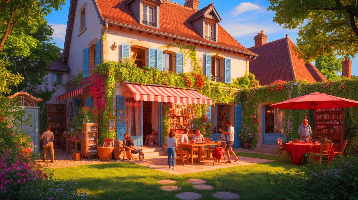 Illustration de la maison de Florent Pagny à Nogent-sur-Marne, un lieu de vie communautaire et créatif. Image réalisée par IA.