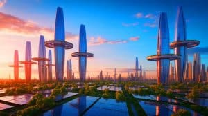Illustration de gratte-ciel futuristes conçus pour stocker l'énergie par gravité, générée par intelligence artificielle.