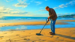 Un trésor exceptionnel presque à portée de main : un chercheur au détecteur de métaux fouille une plage aux règles strictes Illustration de Frédéric Martin utilisant un détecteur de métaux sur la plage du Butin à Honfleur, générée par intelligence artificielle.