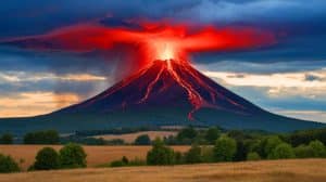 Illustration de la chaîne des Puys et de ses volcans au cœur de l'Auvergne. Image réalisée par IA.