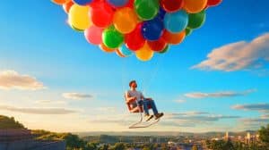 Incroyable aventure aérienne : cet homme s’envole à 4 800 mètres dans le ciel avec un simple fauteuil et des ballons remplis d’hélium, défiant toutes les lois de la gravité Illustration de Larry Walters en vol à 4 900 mètres d'altitude avec des ballons attachés à un fauteuil de jardin. Image réalisée par IA.