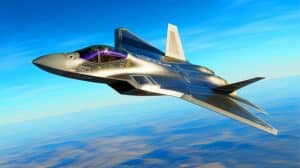 Illustration de l'avion furtif F-47 en vol, intégrant des technologies d'intelligence artificielle. Image réalisée par IA.