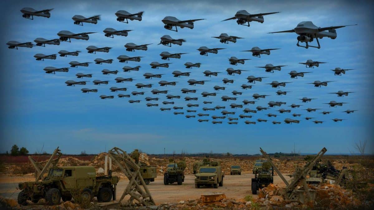« La Russie prépare une attaque massive » : jusqu’à 2 000 drones lancés simultanément sur le front ukrainien, un tournant militaire inédit Illustration de l'escalade des attaques de drones russes en Ukraine, générée par intelligence artificielle.