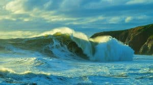 Illustration de l'impact destructeur d'un mégatsunami sur une côte, mettant en évidence la puissance des vagues géantes.